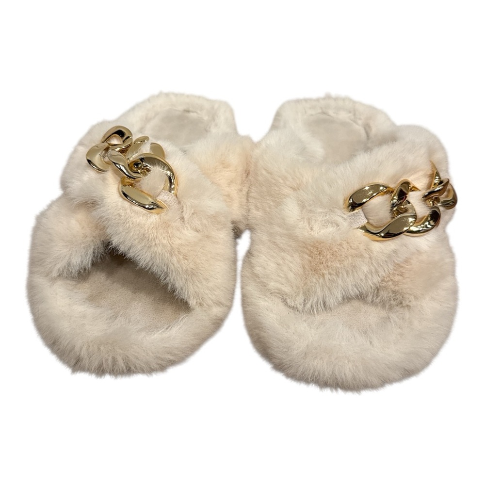 Faux Fur Slippers with Gold Chain Accent